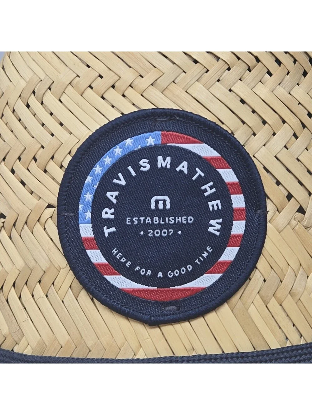 TravisMathew Straw Lifeguard Sun Hat Wide Brim Chin Strap Blue Trim New One Size